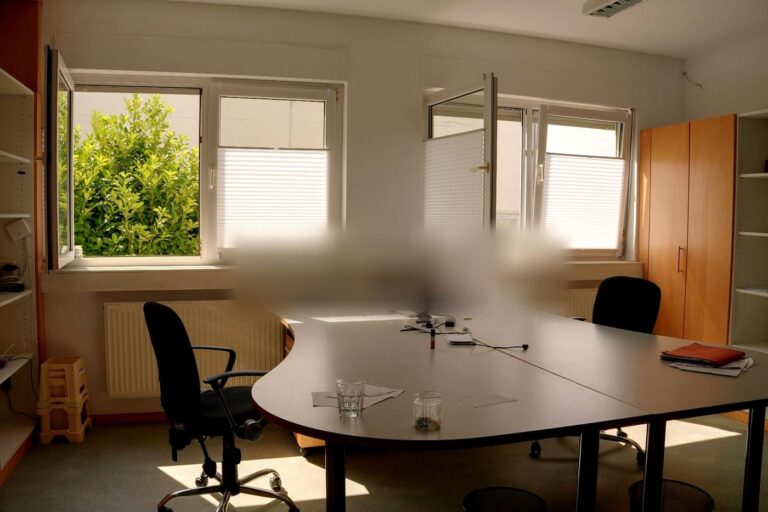 Büroraum mit Besprechungstisch und Regalen, Arbeitsunterlagen unkenntlich gemacht